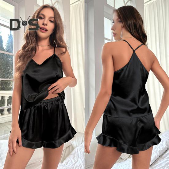 2 шт./комплект женский жилет шорты костюм V-образный вырез без рукавов кружевной топ сзади высокая талия короткие брюки домашняя одежда одежда для отдыха летняя одежда для сна