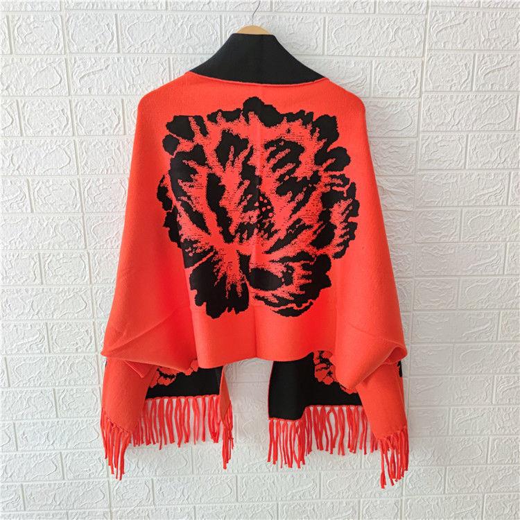 Женское пончо 2022, осенне-зимний шарф из искусственного кашемира с пионом и бахромой, двусторонняя теплая накидка с длинными рукавами, женский топ