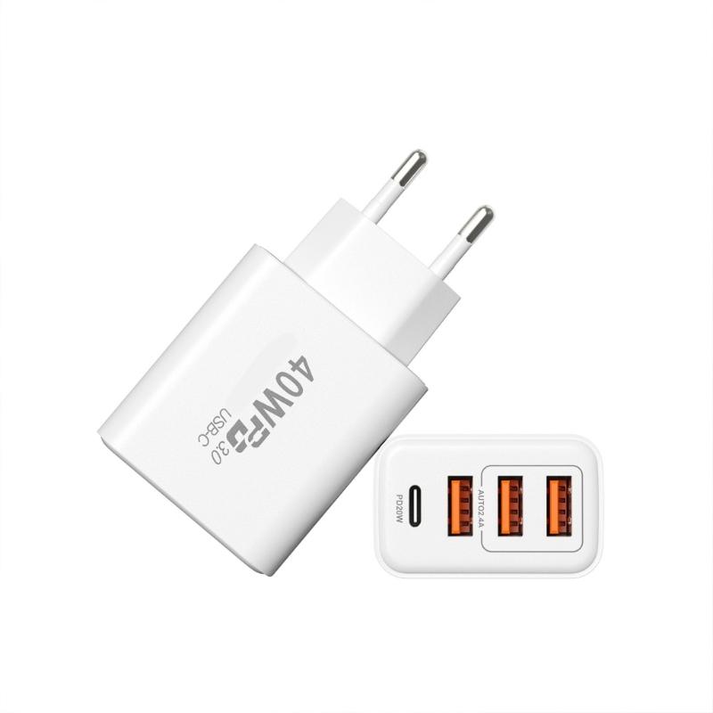 Быстрое зарядное устройство на 4 устройства: 3 порта USB-A, 1 порт USB-C, выходная мощность 40 Вт для телефонов, планшетов, ноутбуков
