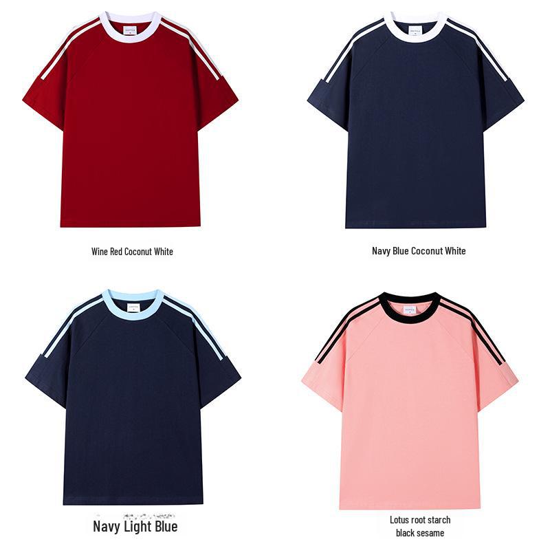 Футболка унисекс из плотного хлопка, однотонная, в американском спортивном стиле, с коротким рукавом и лентой из трех полос, летняя одежда