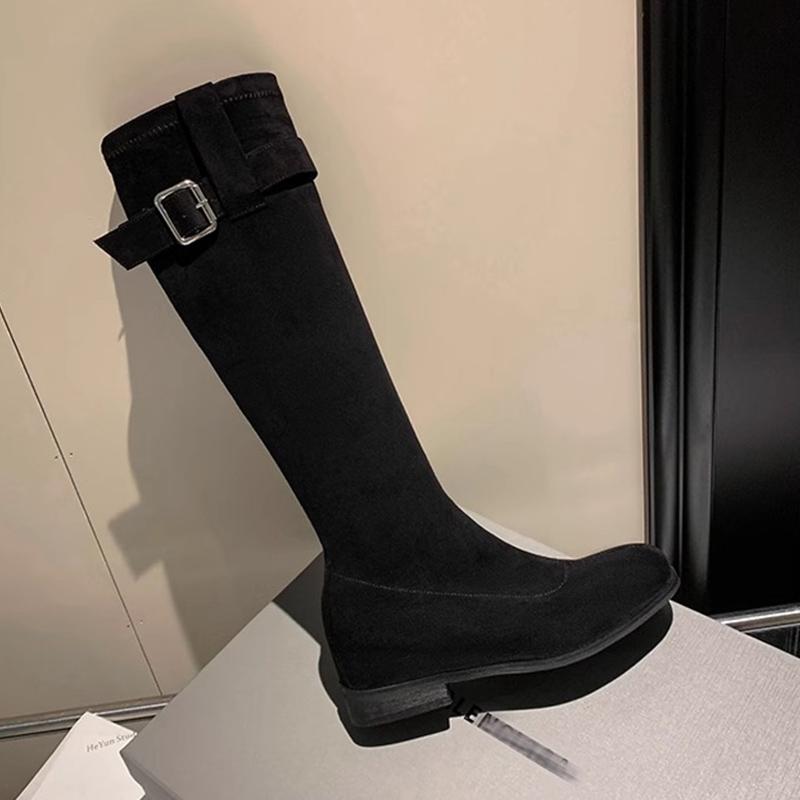 Женские высокие сапоги на плоской подошве из замши с пряжкой в стиле ретро, тренд 2025 года, новый бренд, классические зимние ботинки средней длины для мотоциклистов