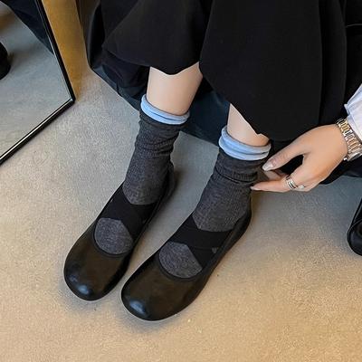 Туфли Мэри Джейн женские 2025 осень новые туфли-балетки на низком каблуке с перекрестным ремешком ретро с круглым носком на плоской подошве с мелким вырезом одинарные туфли