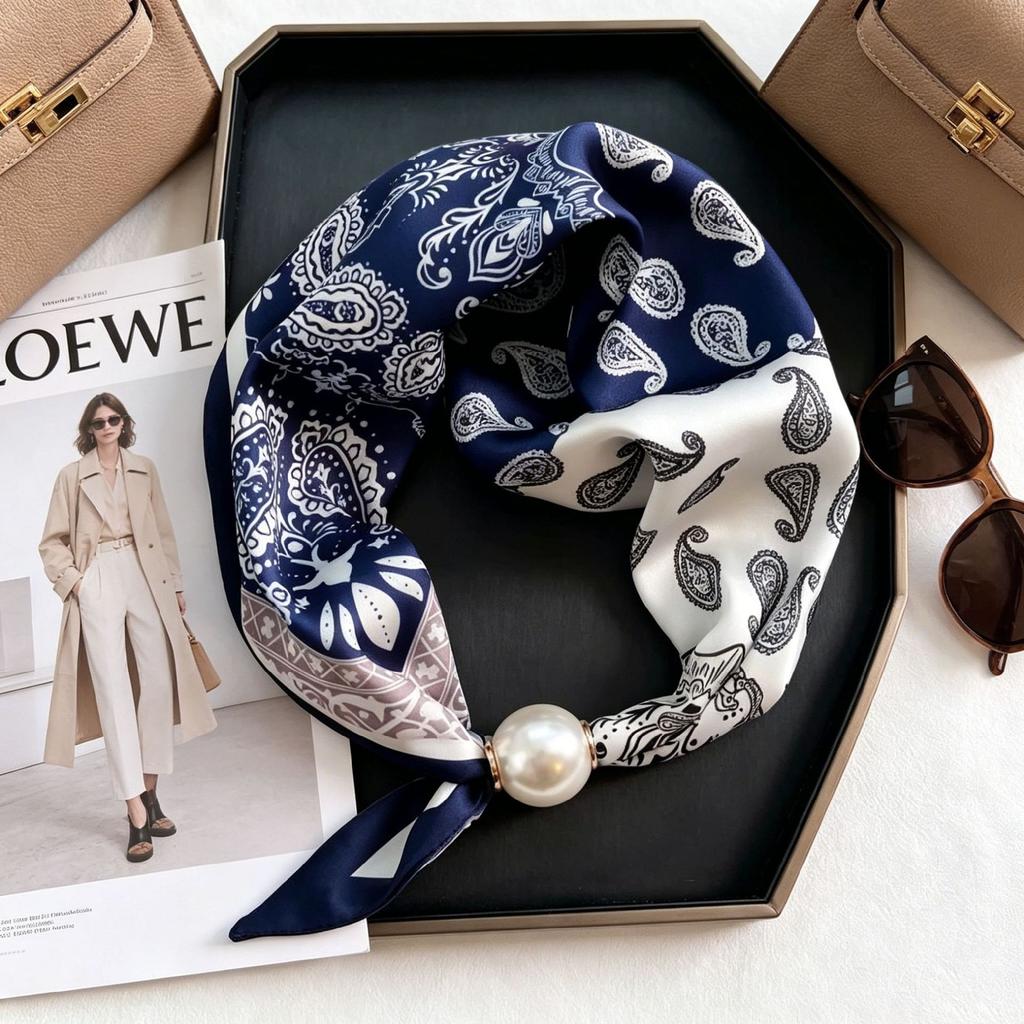 Tie neck small silk scarf female pearl lazy neck protector spring and summer scarf new versatile high-sense magnetic buckle necklace