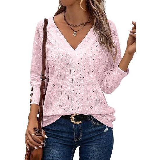 GMXIA Женская модная повседневная рубашка с V-образным вырезом и длинным рукавом, на пуговицах, с ажурной кружевной вышивкой