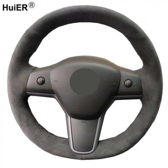 DIY Hand Sewing Car Steering Wheel Cover Suede For Tesla Model 3 2017 2018