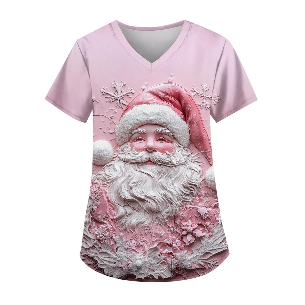 Женская мода V-образный вырез короткий рукав рабочая одежда с карманом рождественский принт топ