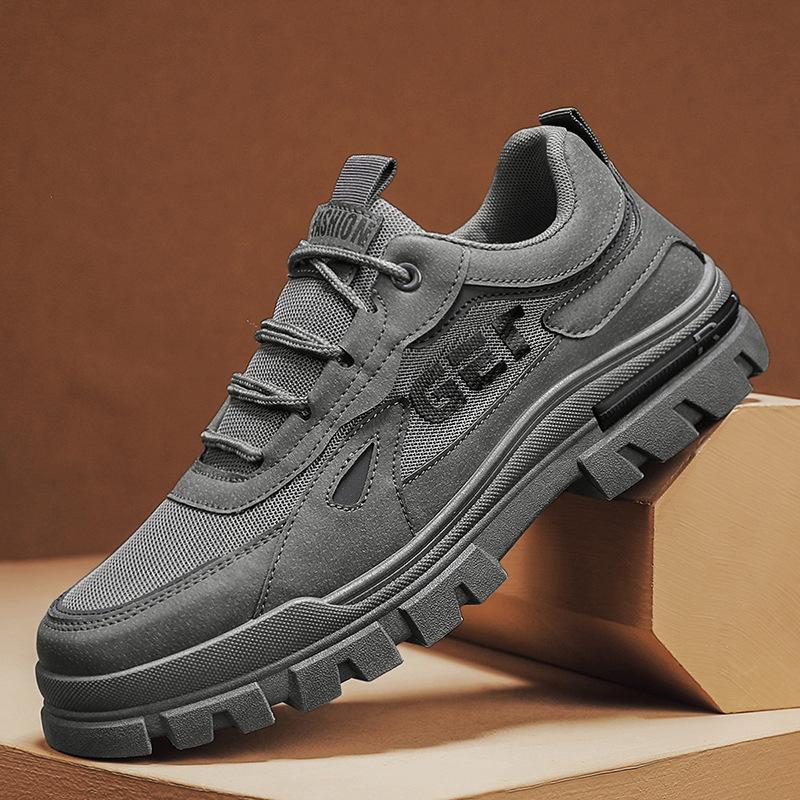 Autumn New Men's Breathable Casual Martin Boots Retro Leather Splicing Mesh Low-top Platform Men's Shoes