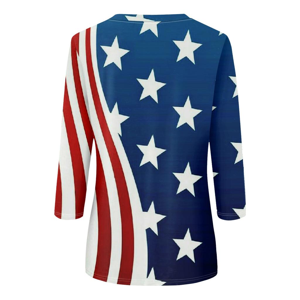 Women's Fashion Casual Round Neck 3/4 Sleeve Loose Independence Day Printed T-Shirt Ladies Top