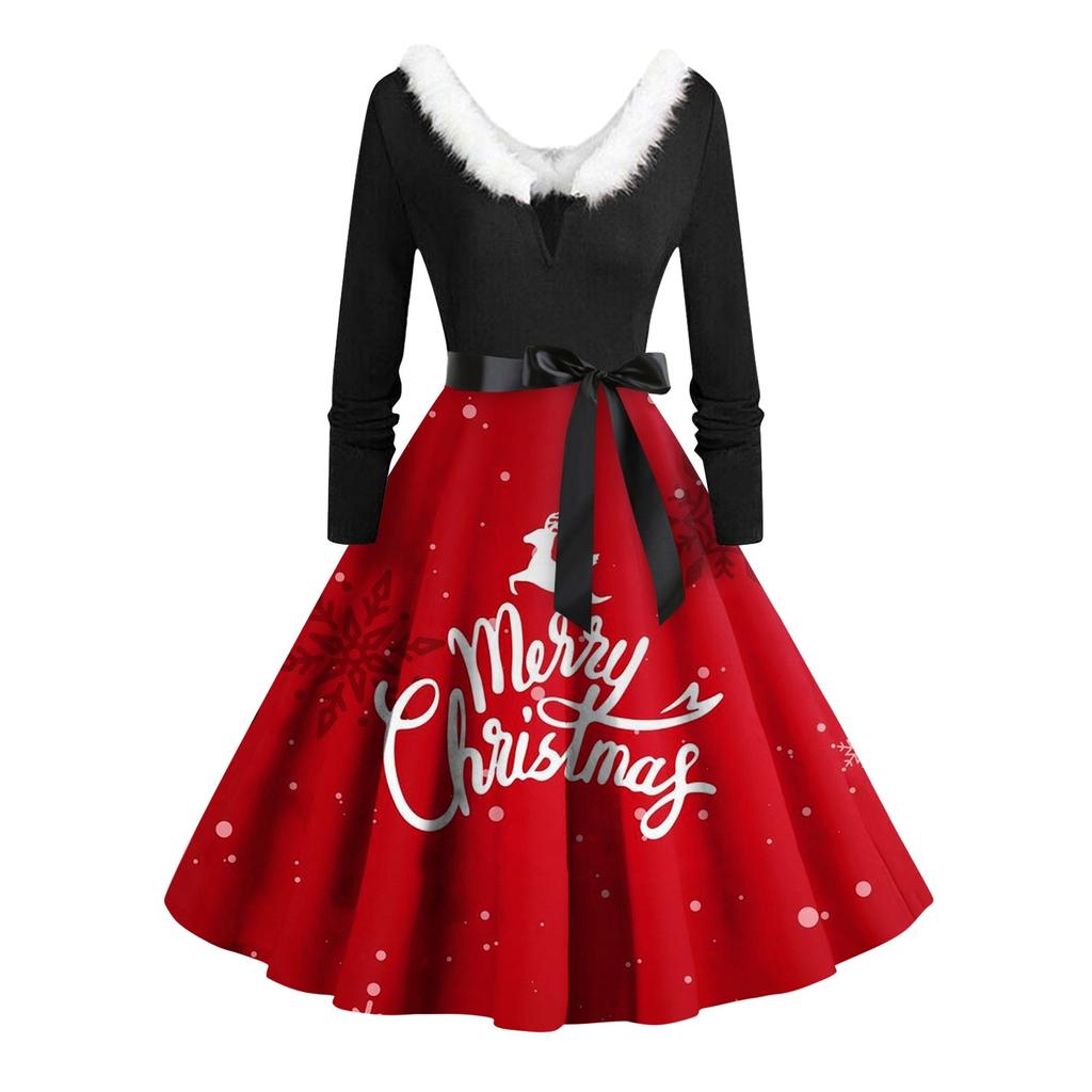 Women Vintage Long Sleeve Christmas Print 1950s Housewife Evening Party Prom Dress