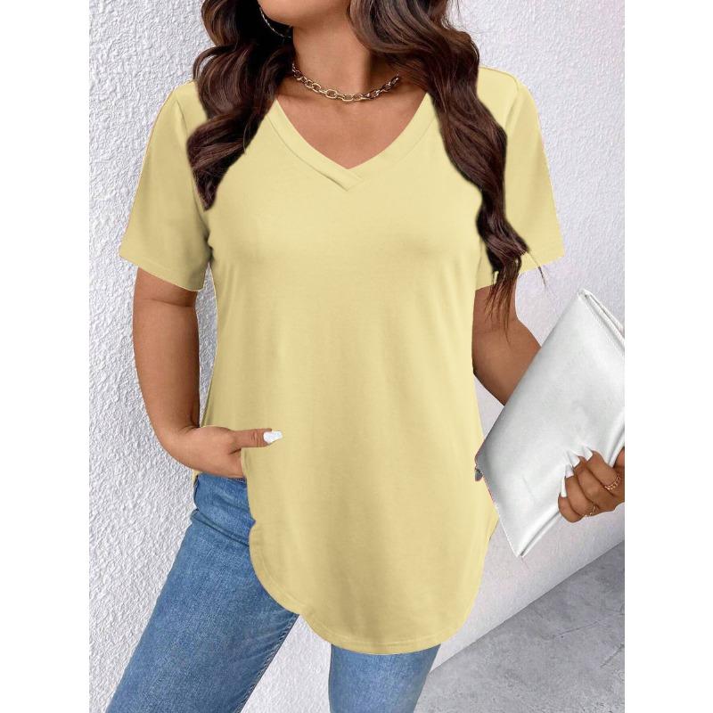 Летняя однотонная свободная футболка с короткими рукавами и V-образным вырезом, трикотажная футболка большого размера с короткими рукавами для женщин