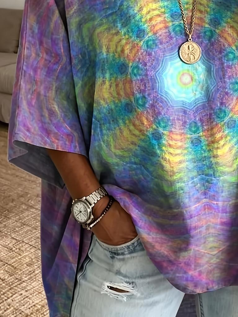 Psychedelic rainbow swirl tie-dye large size three-quarter sleeve loose top
