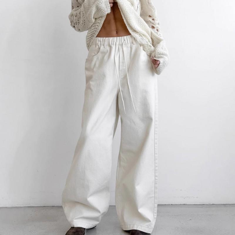 Womens Loose Wide Leg Cotton Pants With Elastic Waist Tie Detail White Casual Trousers Office Streetwear