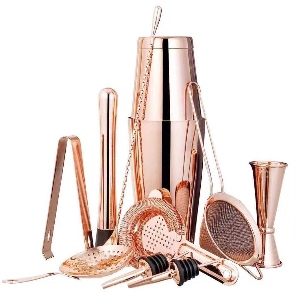 Набор для коктейлей из 11 предметов Rose Gold из нержавеющей стали с шейкером Бостон, ложкой для смешивания и двусторонним джиггером
