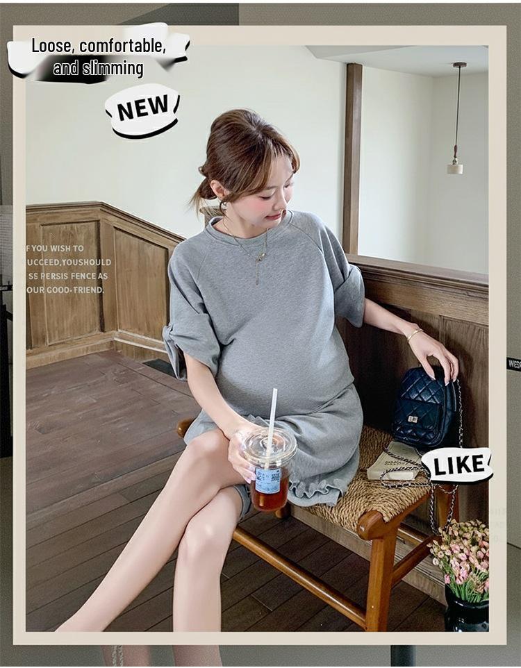Летний серый повседневный комплект для будущих мам 2026: Корейский комплект: топ с коротким рукавом и бантом и шорты