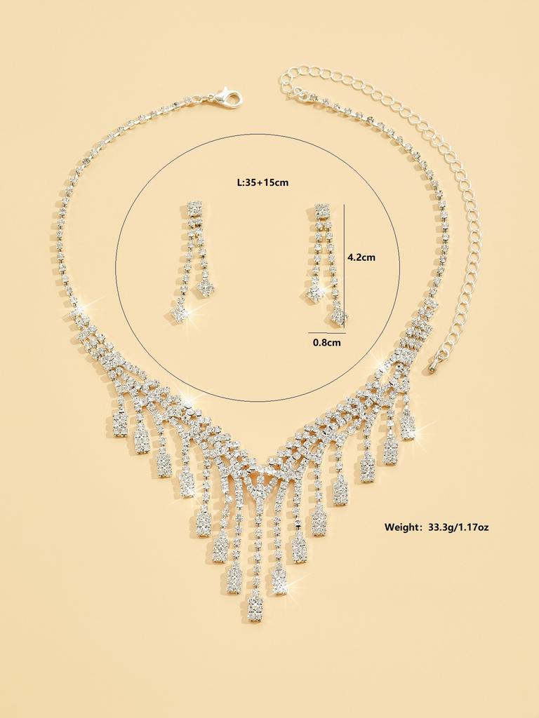 3 предмета Женский модный дизайн Длинное ожерелье с кисточками Серьги Набор цирконов Свадебный банкет Вечеринка Праздничный подарок