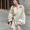"Women’s Early Autumn Red V-Neck Korean Cotton Cashmere Loose Knit Sweater"