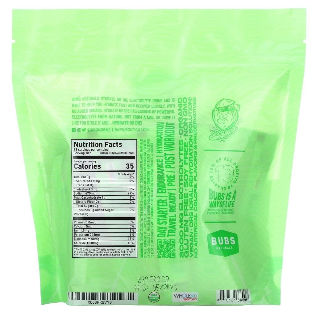 BUBS Naturals Hydrate or Die, Organic Electrolyte Drink Mix, Coconut, 18 Sticks, 0.4 Oz (12.6 G) Each