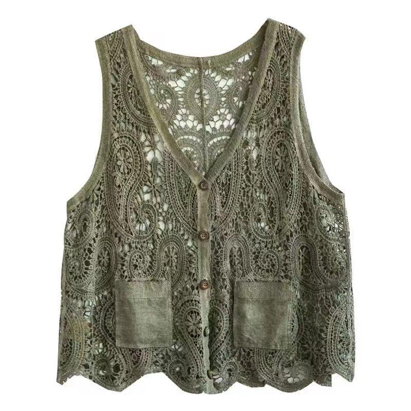Летний женский кружевной жилет, свободный кардиган с вырезом, жилет в богемном стиле из хлопка с V-образным вырезом, тонкая верхняя одежда