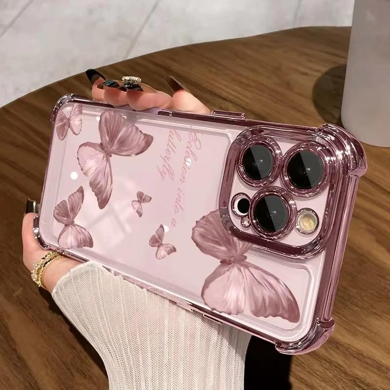 Butterfly Plating Clear Phone Case For iPhone 17 Air 16 e 15 14 13 12 11 Pro Max Plus Mini SE 2020 2022 Anti-Fall Airabag
