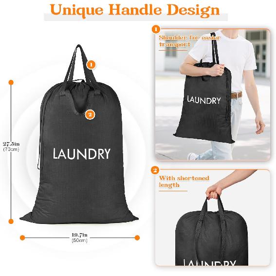 Heavy Duty Laundry Bag, Washable Nylon, Splash-Resistant Dirty Clothes Storage Bag with Drawstring & Handles ... Lightweight, Foldable & Space-Saving