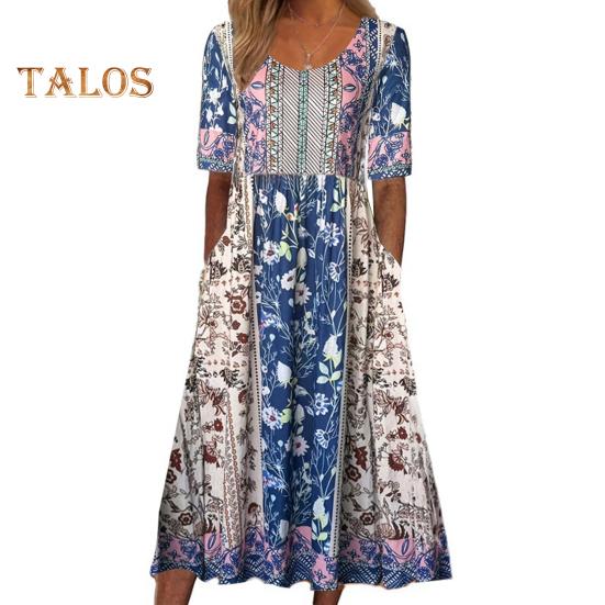 Летнее женское платье Плиссированное этническое платье с принтом А-силуэта Свободный подол Боковые карманы Круглая шея Мягкие богемные короткие рукава До середины икры Женские повседневные миди