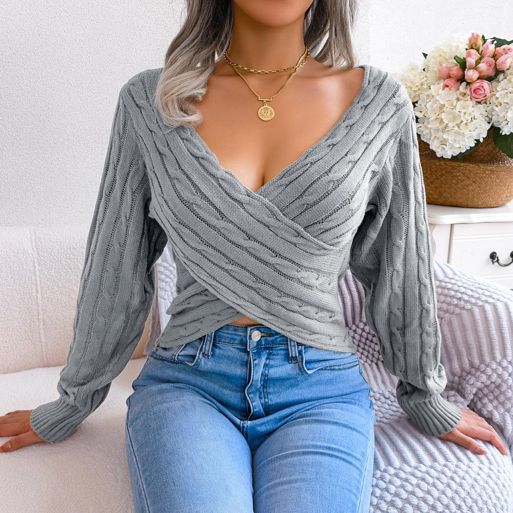 DAFIFY Women's Fashion Casual Solid Color Print Fall Winter Long Sleeve V Neck Sweaters
