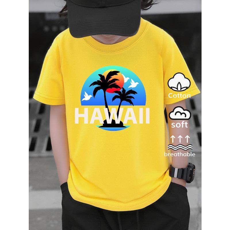 European sizes Boys' T-Shirt Hawaiian Sunset Palm Trees Birds Island, Ideal for Outdoor Activities, Soft Knitted Top, Comfortable And Breathable