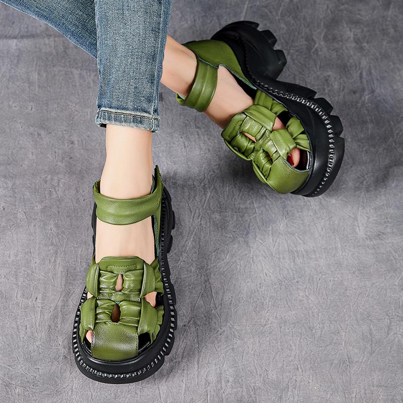 Fashion GKTINOO Closed Toe Thick Soled Sandals 2025 Summer New Retro Genuine Leather Comfortable Soft Sole Versatile Women's Shoes