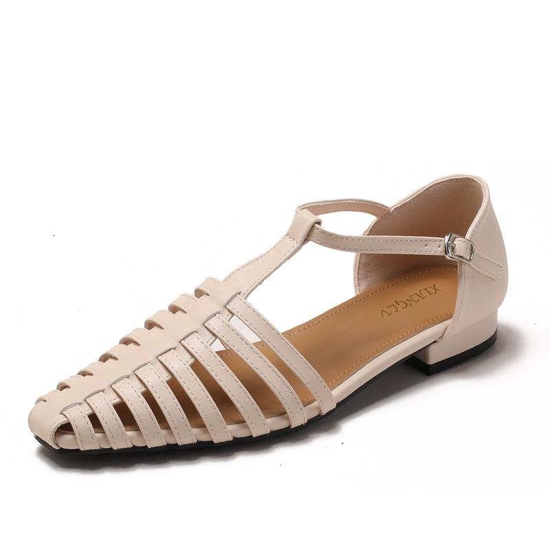 Модные сандалии женские лето 2025 новые ретро плетеные носки женские на плоской подошве полые римские туфли большой размер 42 43 44 женская обувь