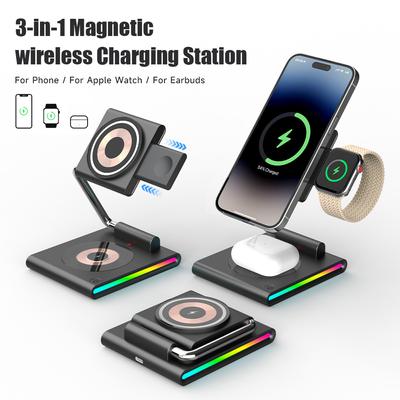 Складное беспроводное зарядное устройство RGB для iPhone 15, 14, 13, 12 Pro, светодиодная док-станция для Apple Watch S9 Ultra 2, держатель для AirPods Pro iWatch