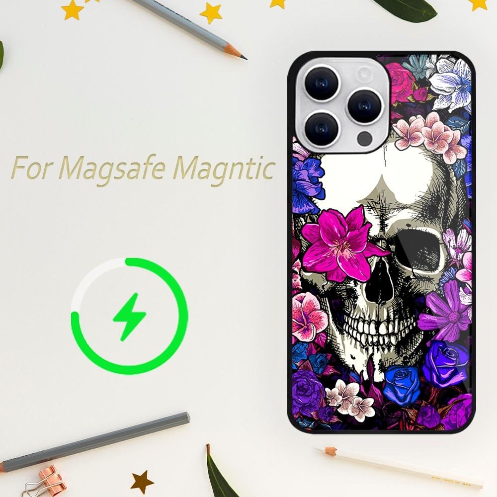 Роскошный чехол для телефона Skull Dead Flowers для iPhone 15 14 13 12 11 Plus Pro Max Magsafe Magnetic Wireless Charger