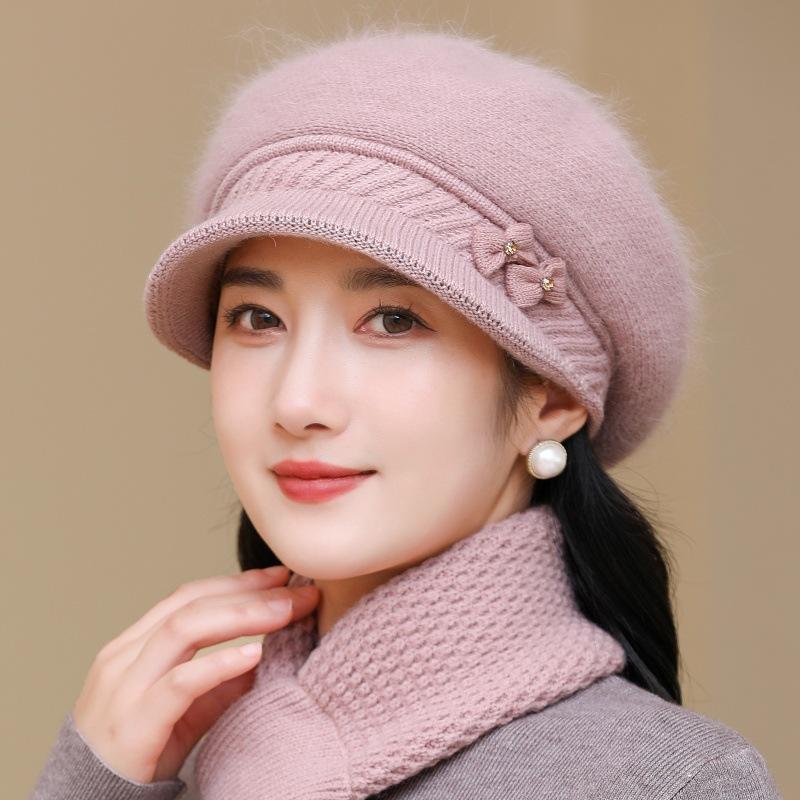 Elegant Winter Beanie for Women - Cozy Knit with Floral Accent, Perfect for Middle-Aged & Elderly, Stretch Fit, Hand Washable