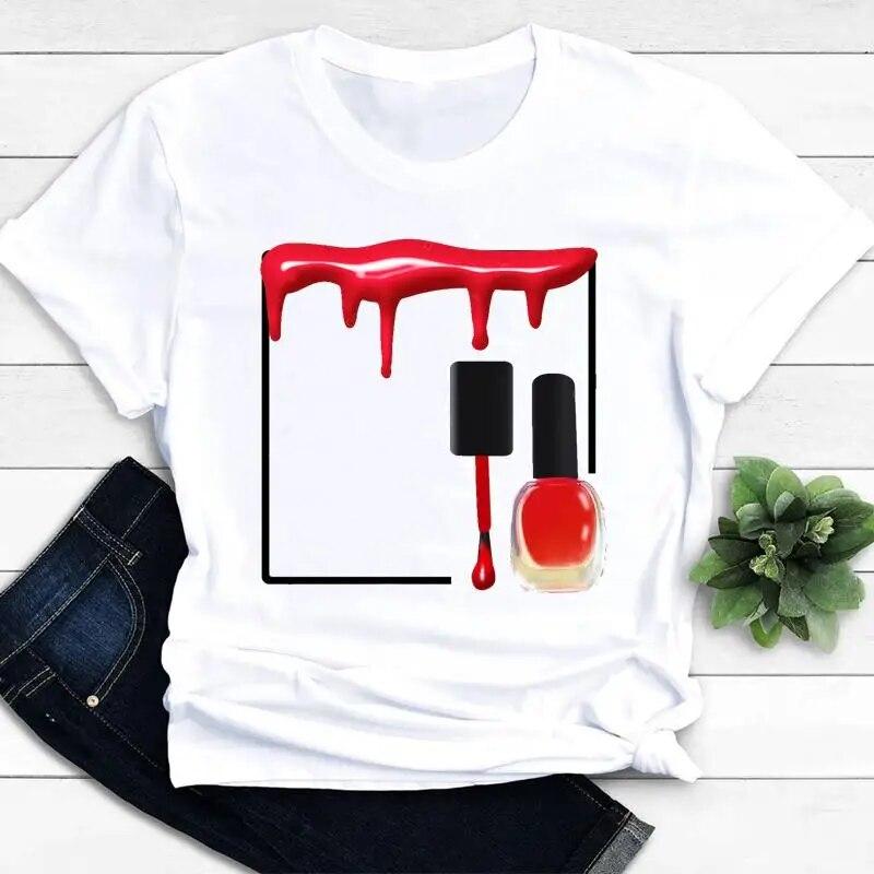 Women T-shirts Nail Art Lovely Spring Short Sleeve Ladies Fashion Casual Clothing Cartoon Clothes Female Tee Graphic Tshirt