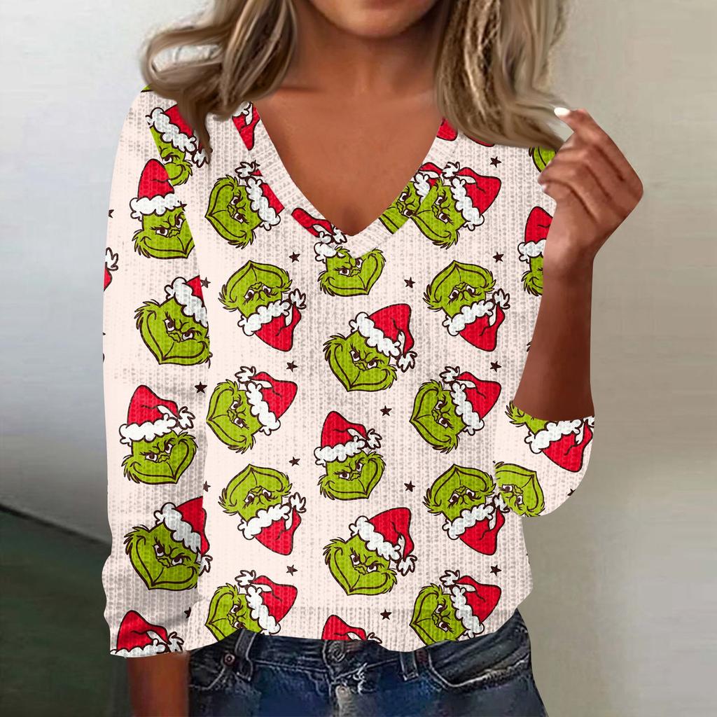 Women's Cute Sweatshirt Knitted Fashion Casual V-neck Long-sleeved Cozy Print Top