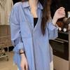 2025 New Women's Blue Striped Long Sleeve Shirt Jacket - Korean Lazy Style Loose Summer Top