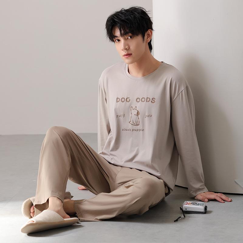 Тип Пижамный костюм из чистого хлопка на осень-зиму для мужчин с длинными рукавами из хлопка, комплект домашней одежды для мужчин, мягкая домашняя одежда для мужчин