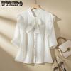 Brand Niche Chic Chiffon Blouse Thin Bow Temperament Hundred with Seven-point Sleeve Thin Shirt Fashion Casual Hundred with Outside Wear Tops