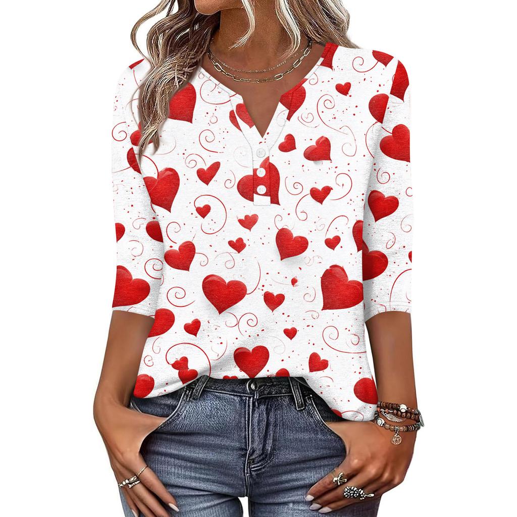 Жен. Футболка С принтом Пуговицы Рукав 3/4 Повседневные Выходные Мода Классический Классический V-образный вырез Обычный Верх