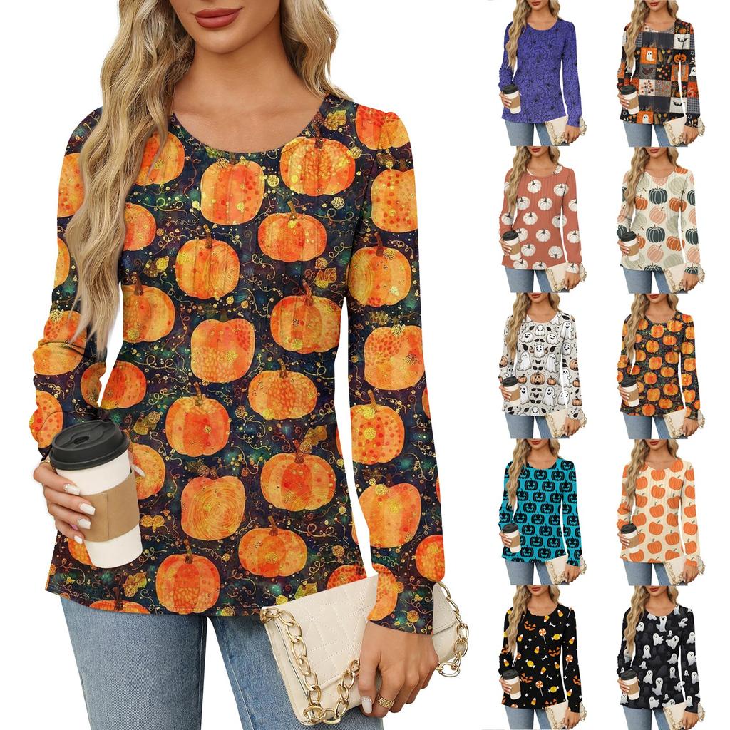 Рубашки с длинным рукавом для женщин, милые принты, графические футболки, блузки, нарядные повседневные блузки, плиссированные туники с круглым вырезом, топы на Хэллоуин