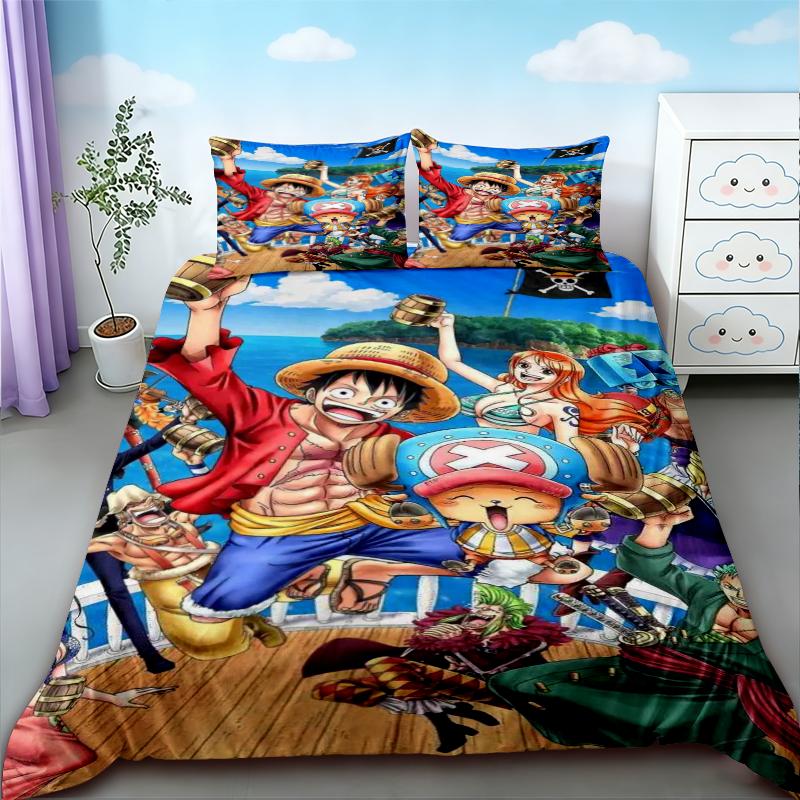 Luffy Duvet Cover Set One Piece Anime Cartoon Bedding Set Quilt Cover Comfortable for Bedroom Dormitory Teens Gifts