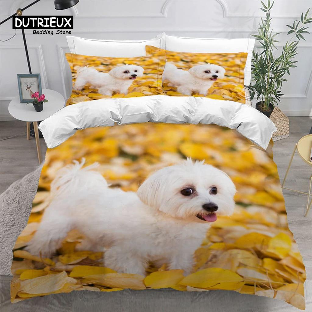 Cute Maltese Dog Duvet Cover Set Pet Dogs Theme Bedding Set Microfiber Kawaii Animal Comforter Cover Twin King For Kids Teens