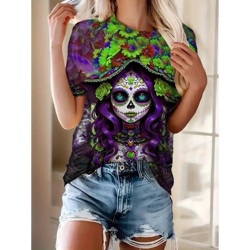 Women's T-Shirt Floral And Skull Print Fashion Casual Short-Sleeved Round Neck Blouse Street Oversized Women's Clothings Summer