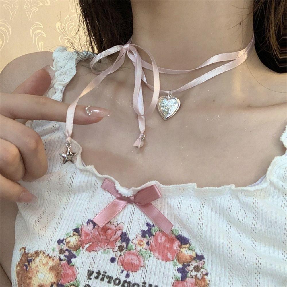 Pearl Love Pendant Clavicle Chain Star Y2K Choker Balletcore Style Ribbon Necklace Student