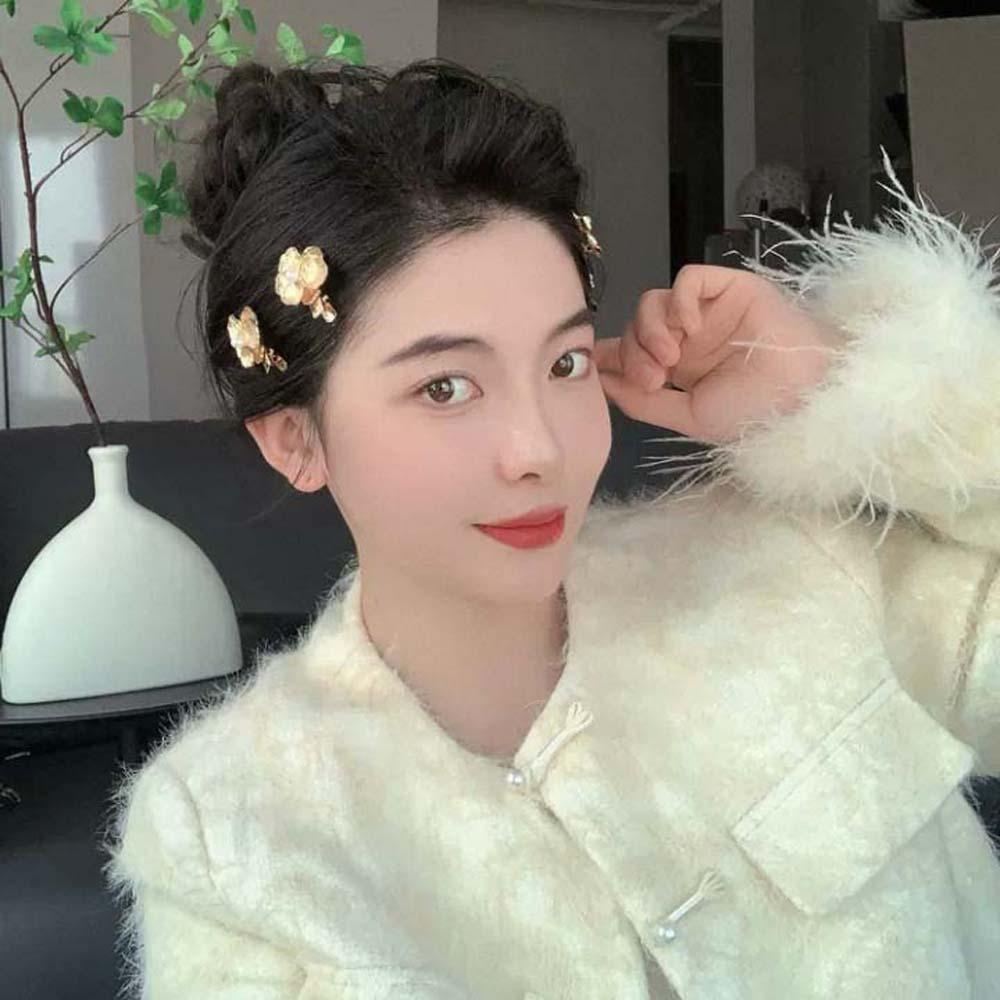5pcs Hairstyle Tools Golden Flower Hair Forks Retro Wave Zinc Zinc Alloy Barrettes Pearl Side Clips Daily
