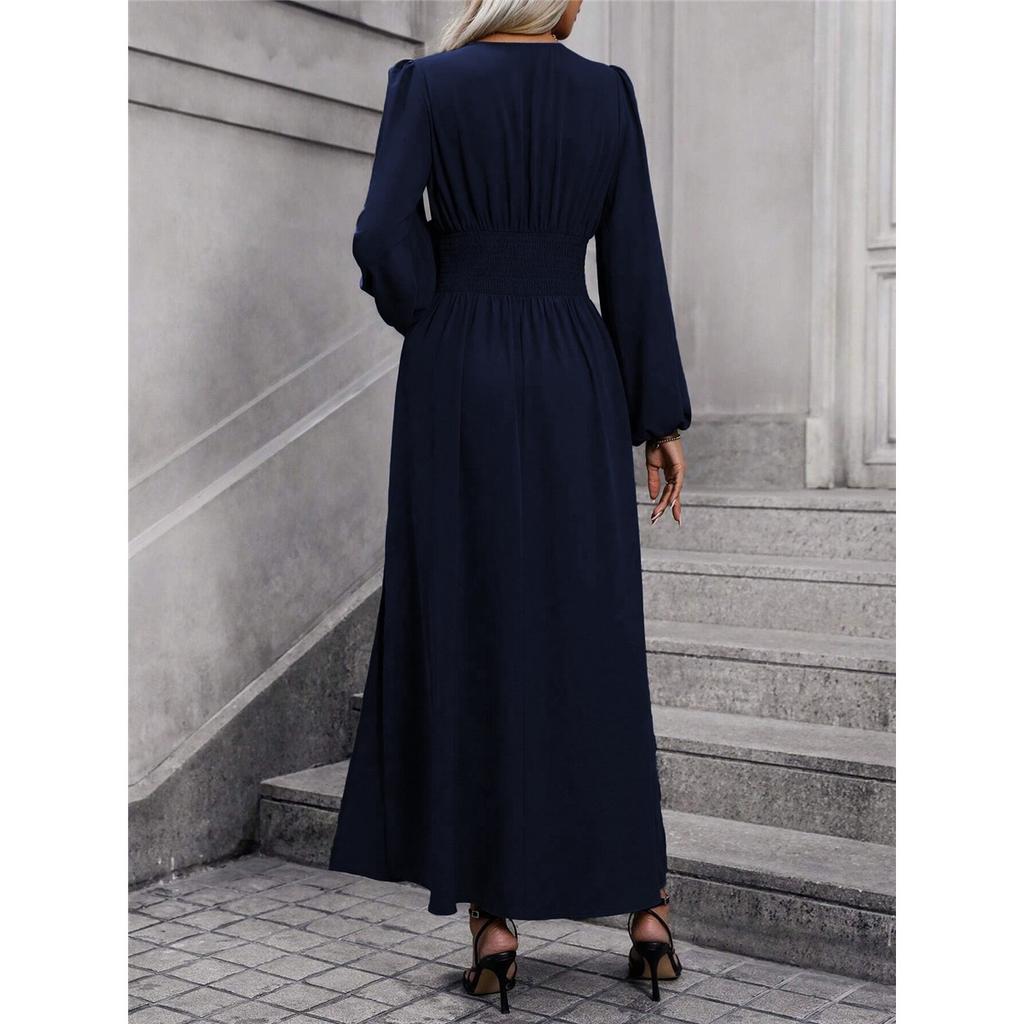 Женское однотонное элегантное платье с рукавами-фонариками, V-образным вырезом и высоким разрезом