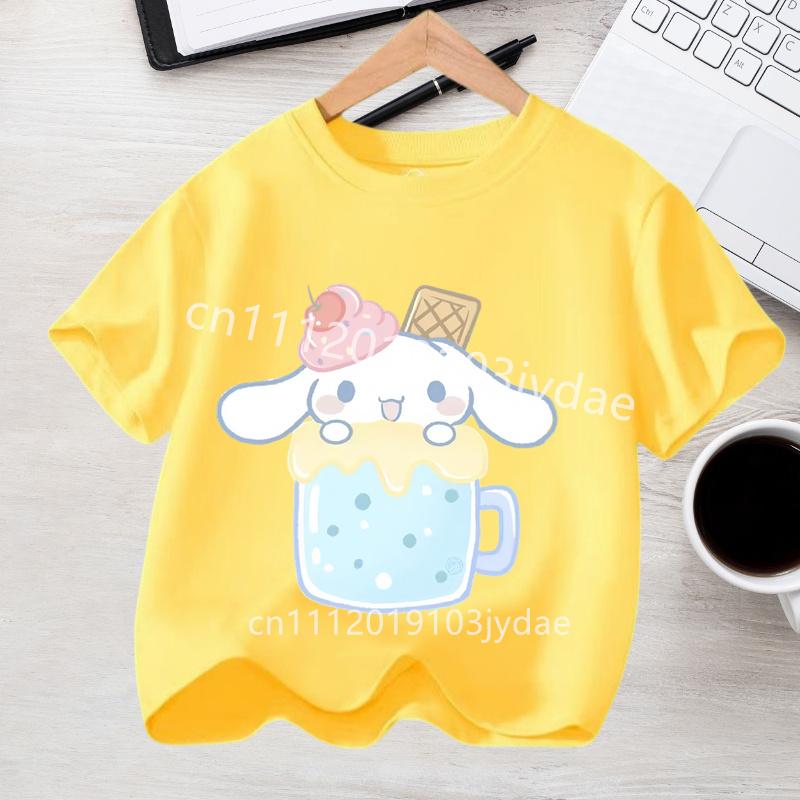 Летняя повседневная одежда 2026 Kawaii Подарок Милый Киннаморолл Девочка Футболка Хлопок Аниме Принт Футболка Детская с коротким рукавом Уличная одежда