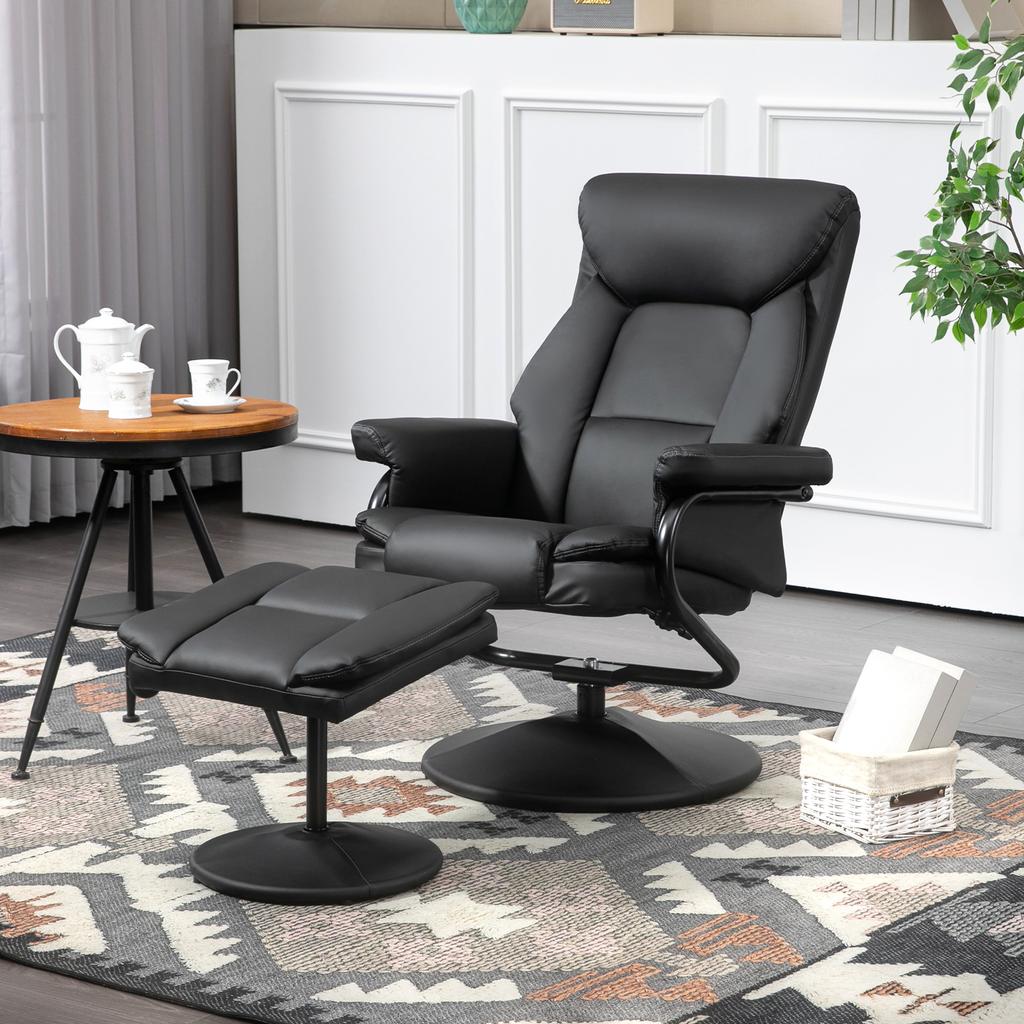 Swivel Recliner Chair with Footstool, PU Leather Recliner Armchair with Ottoman, Steel Base, Upholstered Reclining Chair for Living Room, Bedroom