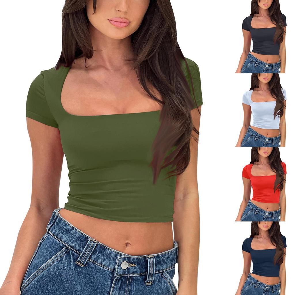 New Women's Fit Solid Color Short-Sleeved Summer Square Collar Casual T-Shirt For Women