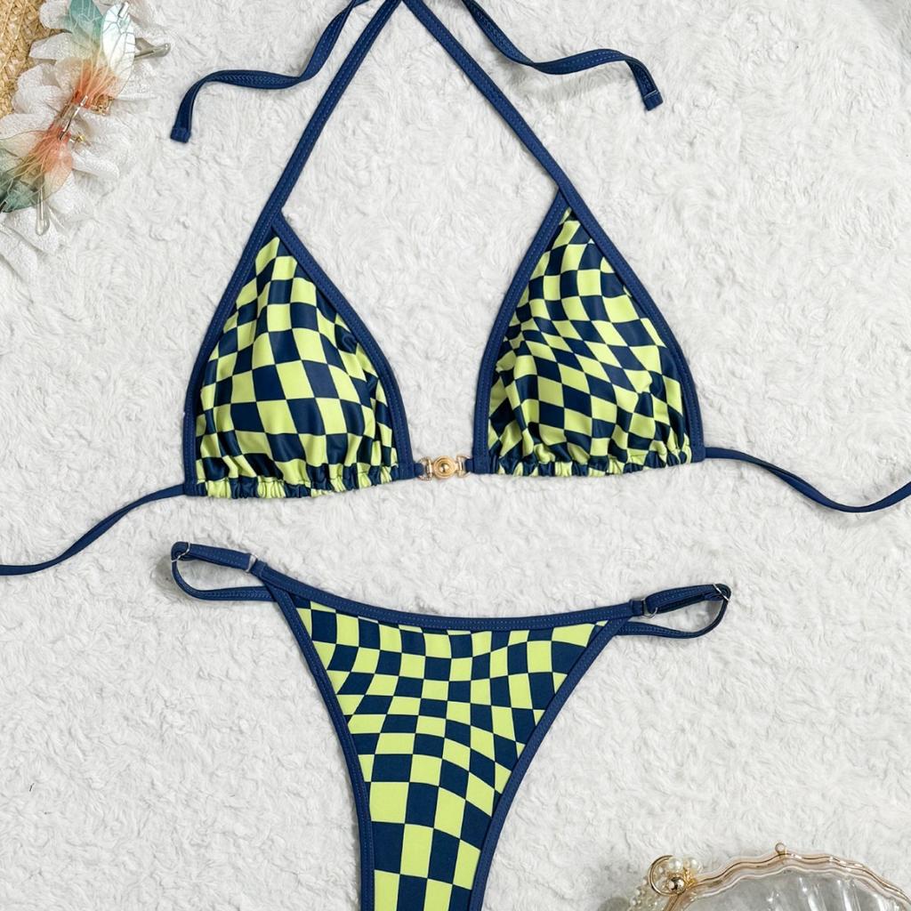 European and American checkered bikini sexy swimsuit women's triangular lace-up with chest pad bikini