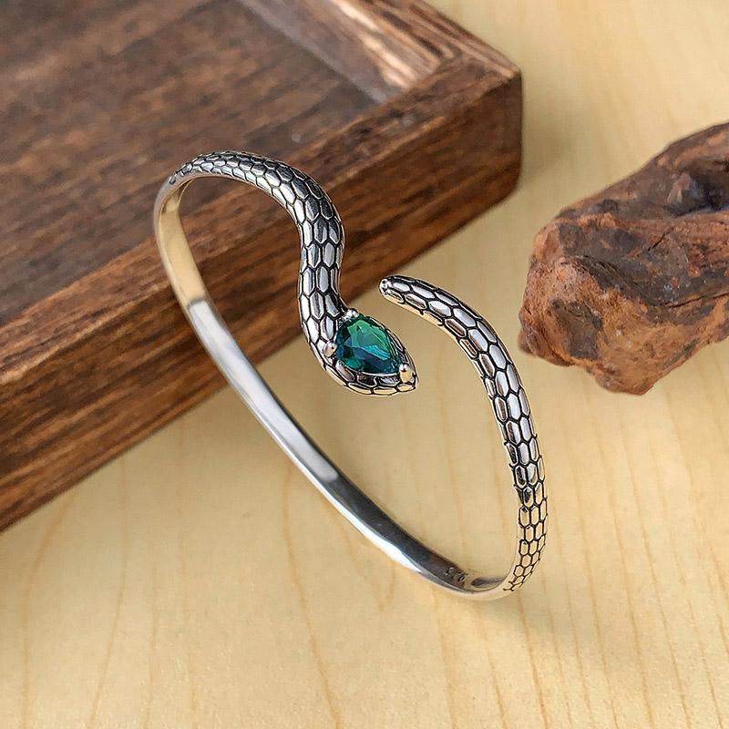Foxanry Red Green Zircon Snake Cuff Bracelets For Women Couples Vintage Simple Trendy Elegant Personality Birthday Jewelry Gifts